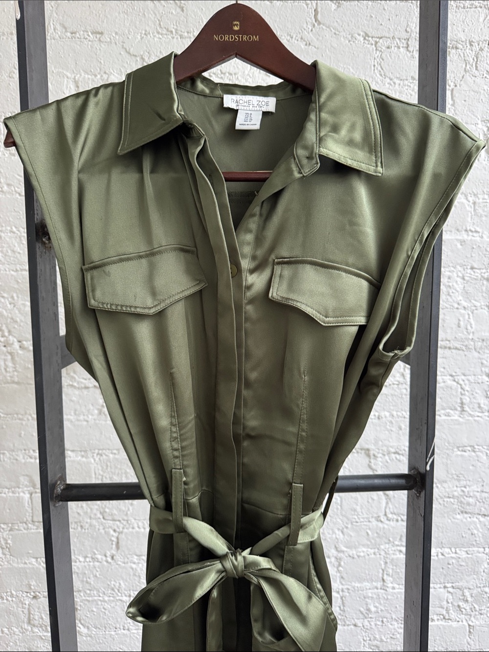Rachel Zoe Olive Green Satin Utility Jumpsuit with Tie Waist - Picture 2 of 6